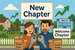 Two people hold large keys in front of a house as a 'New Chapter' sign and 'Fresh Start' and 'Career Goals' boxes suggest starting anew with a welcome to a new chapter.