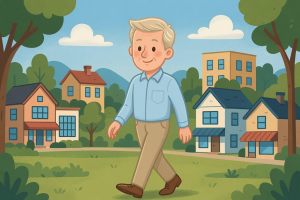 Cartoon of a smiling man in a light blue shirt walking through a suburban neighborhood with colorful houses and trees in the background.