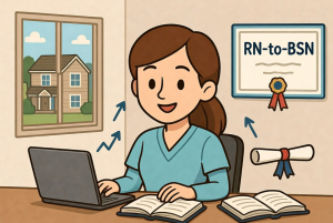 Nurse student studying at a desk with a laptop and open books; RN-to-BSN diploma framed on the wall.
