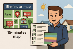 Illustration of a man holding a checklist and color swatch beside a 15-minute neighborhood map showing parks, a clinic, and a library.