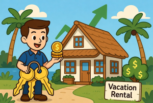 Cartoon man holding keys in front of a vacation rental house with palm trees and a 'Vacation Rental' sign