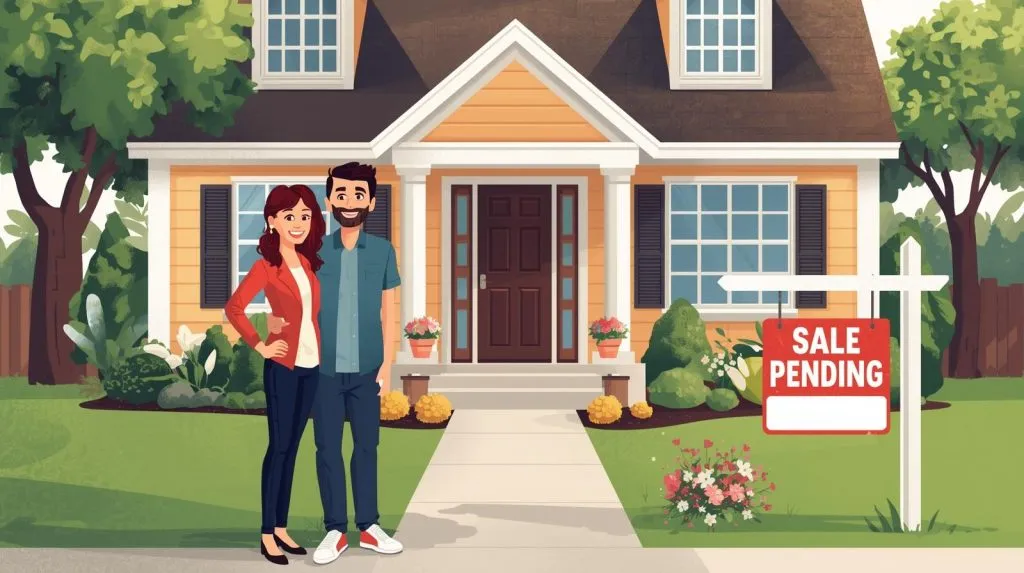 a-picture-of-a-smiling-couple-and-a-real-estate-agent-in-front-of-a-house-with-a-sale-pending-sign-in-the-yard