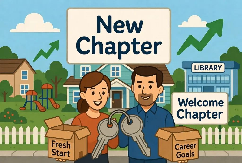 Two people hold large keys in front of a house as a 'New Chapter' sign and 'Fresh Start' and 'Career Goals' boxes suggest starting anew with a welcome to a new chapter.