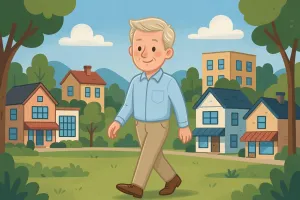 Cartoon of a smiling man in a light blue shirt walking through a suburban neighborhood with colorful houses and trees in the background.