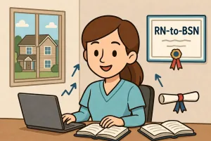 Nurse student studying at a desk with a laptop and open books; RN-to-BSN diploma framed on the wall.